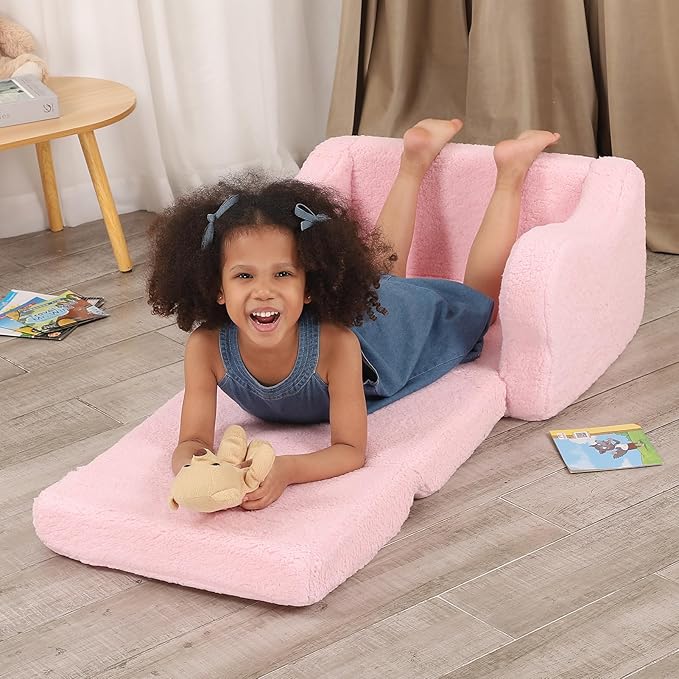 Comfy Toddler Chair, 2-in-1 Toddler Couch Fold Out, Convertible Sherpa Sofa to Lounger for Boys & Girls, Pink