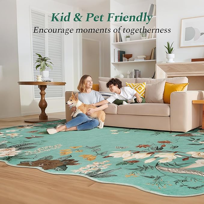 Rugflix 5x7 Floral Area Rug for Living Room, Bedroom, Machine Washable Rugs with Non-Slip Backing, Indoor Low Pile Carpet for Dining Room, Nursery, Kids Pet Friendly