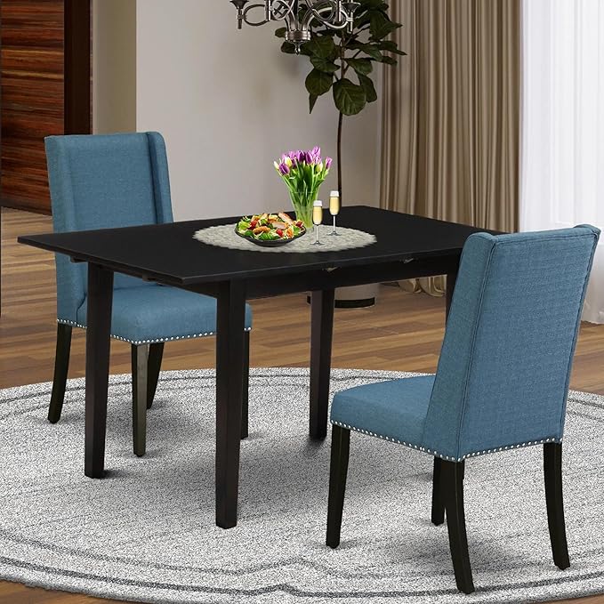 East West Furniture NOFL3-BLK-21 3 Piece Modern Dining Table Set Contains a Rectangle Wooden Table with Butterfly Leaf and 2 Blue Linen Fabric Upholstered Chairs, 32x54 Inch, Black