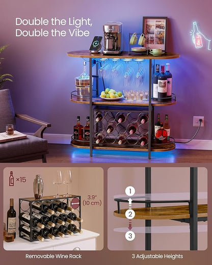 VASAGLE Bar Cabinets for Home, LED Coffee Bar with Power Outlets, Home Mini Bar for Liquor, Freestanding Wine Rack with Glass Holder, Kitchen, Dining Room, Rustic Brown ULWR007K01