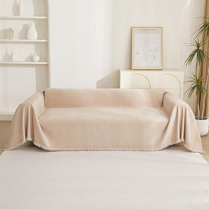 MYSKY HOME Couch Cover 3 Cushion Sofa With Tassel Chenille Slipcover for Sectional L Shaped Furniture, Dogs Protector, 71" X150", Khaki