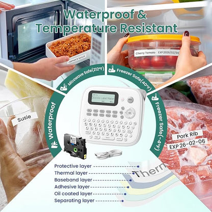 Label Maker Waterproof Labels, Labeler Machine with Tape, D210s Labeling Maker, 16+ Bolder/Handwritten Fonts & Intuitive Shortcut Keys, 12mm Removable Freezer Food Labels for Jars/Containers/Bottle