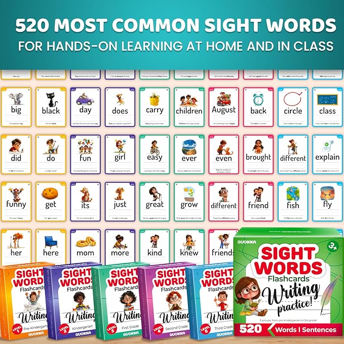 QUOKKA 520 Sight Words Flash Cards for Kids – 5 Levels from Pre-K to 3rd Grade – Bold Font & Jumbo Size & Dry Erase Color-Coded Cards with Rings for Sorting – Based on Dolch & Fry Word Lists