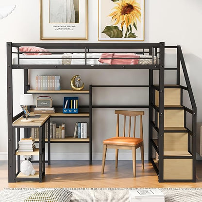 Full Size Metal Loft Bed with Staircase,Full-Length Guardrails,a Built-in Desk and a 3-Tier Shelf,No Box Spring Needed,Noise Free,for Juniors&Adults,Black