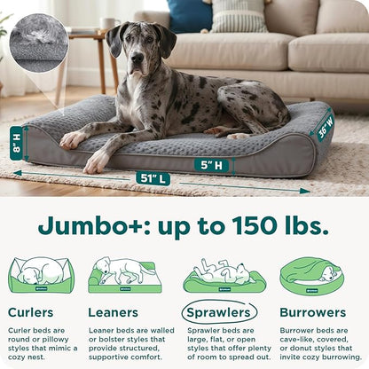 Furhaven Orthopedic Dog Bed for Large Dogs w/ Removable Washable Cover, For Dogs Up to 150 lbs - Ultra Plush Faux Fur & Suede Luxe Lounger Contour Mattress - Gray, Jumbo Plus/XXL