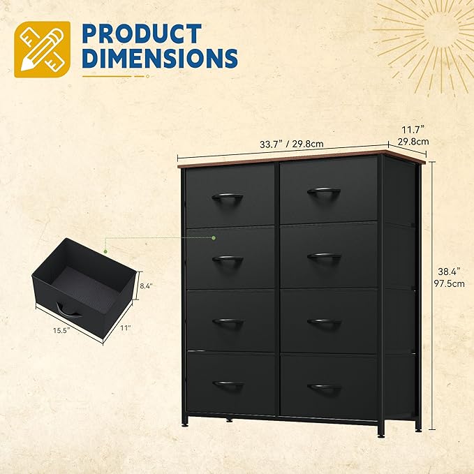 DWVO Fabric Dresser for Room, Tall Storage 8 Drawers, Black Dresser & Chest of Drawers, Storage Drawer Organizer for Closet, Living Room