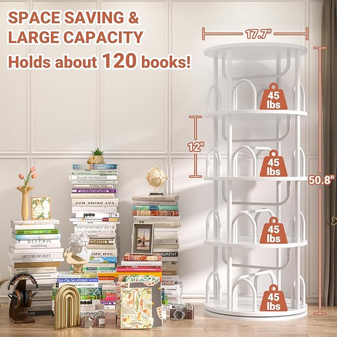 Aheaplus 4 Tier Rotating Bookshelf Tower, 360 Display Spinning Bookcase, Revolving Round Book Shelf Narrow Swivel Bookshelf, Vertical Turning Spiral Corner Book Organizer for Small Space, White