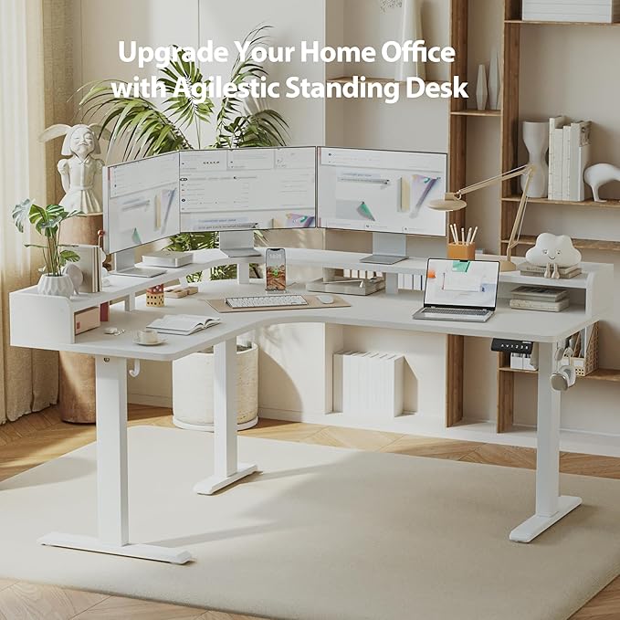 Agilestic L Shaped Standing Desk, Corner Desk with Monitor Shelf, Adjustable Height Gaming Table, Sit Stand Up Table, 63 x 55 Inch Home Office Computer Workstation, Splice Board, White