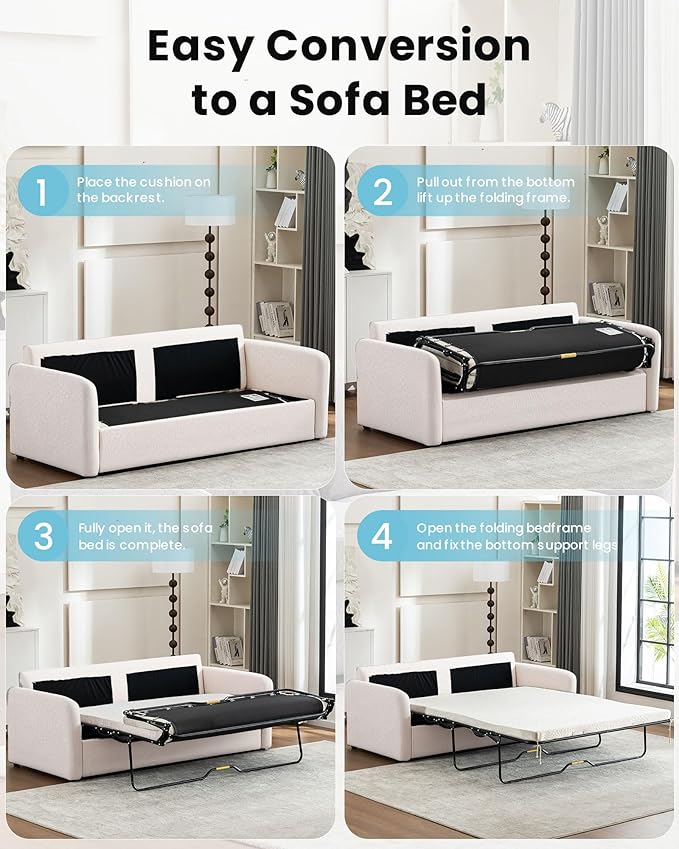 Queen Pull Out Sofa Bed, 2-in-1 Convertible Sleeper Sofa Couch with Memory Foam Mattress, 3-Seater Sofa Bed Queen with Arms for Living Room & Small Spaces, Beige