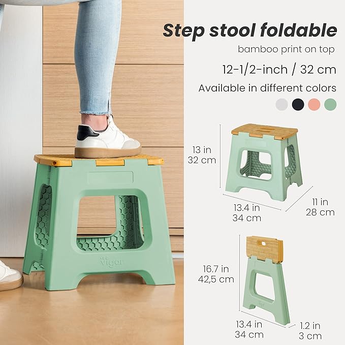 Vigar Compact Step Stool Foldable, 12-1/2-inch Step Stools for Adults up to 330 Pound, Lightweight Stool, Non-Slip Folding Step Stool, Bamboo Print on Top, Vintage Green