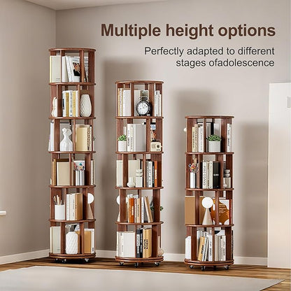 KEIKI Solid Wood 4 Tier Rotating Bookcase, Round Revolving Bookshelf with Lockable Wheels, Space Saving Wide Book Rack for Corner, Office, Bedroom, Walnu