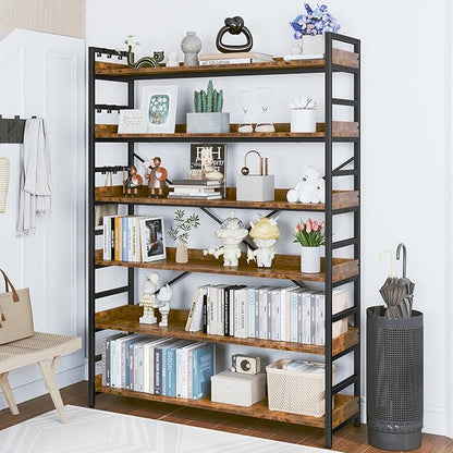 HCHQHS 6 Tier Bookshelf, Adjustable Industrial Bookcase, Vertical Tall Book Shelf, Wood and Black Metal Open Bookshelves for Home Office, Living Room, Bedroom