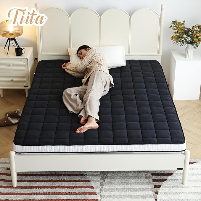 Tiita Japanese Floor Mattress, 4” Thicken Futon Mattress with Storage Bag and 2 Straps, Full Size Sleeping Tatami Mat for Adults，Black