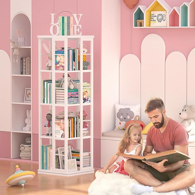 Aheaplus Rotating Bookshelf, 4-Tier Corner Bookshelf, 360 Display Wood Spinning Bookshelf, Floor Standing Bookcase Narrow Shelf Revolving Organizer Storage Rack for Small Space, Study Room, White