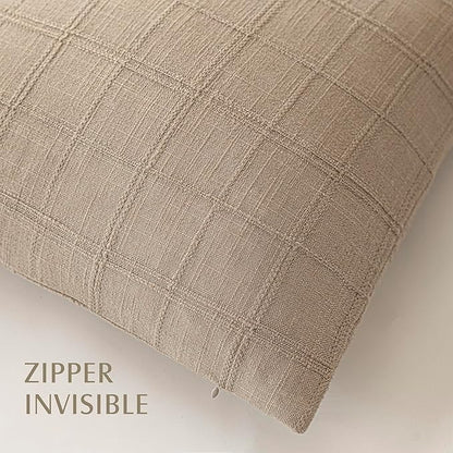 Foindtower Set of 2 Decorative Linen Check Throw Pillow Covers Neutral Farmhouse Vintage Cushion Covers Modern Coastal Boho Home Decor For Sofa Chair Couch Bedroom Living Room Outdoor,16×16 Inch,Camel
