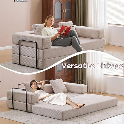 Convertible Sofa Bed, Compression Futon Sofa with Pillows & Armrest, Foldable Mattress Couch with Fixed-Shape Frame, Comfy Couch Lounge Sleeper Bed for Living Room Bedroom, Light Gray