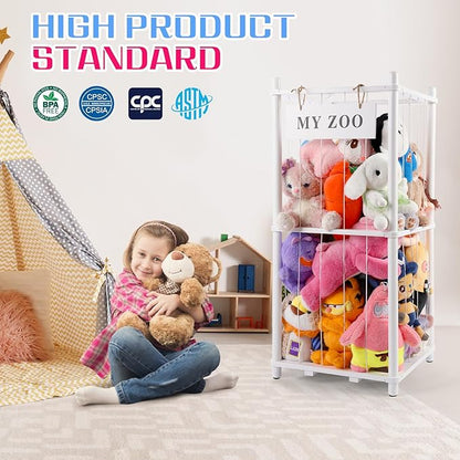 Stuffed Animal Storage Zoo, Wooden Stuffed Animal Organizer with Elastic Cords for Boys Girls, Space Saving Toy Plushies Storage Holder for Playroom, Bedroom, Living Room (White, Small)