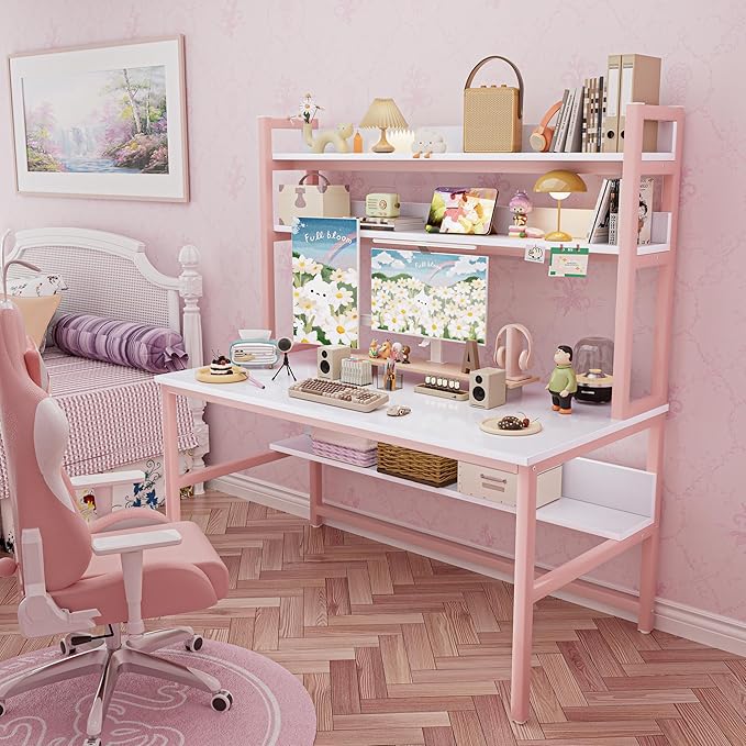 Aquzee Pink Desk with Hutch for Girls, 55in Computer Desk with Bookshelf for Teens Adults, Craft Table for Bedroom Kids Room, White Pink Study Table with Shelves for Storage