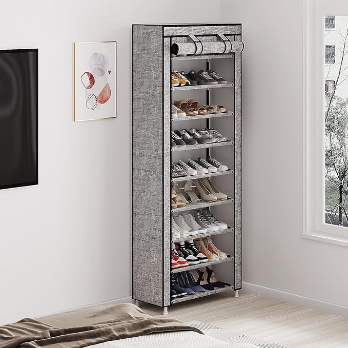 Calmootey 9 Tier Shoe Rack Organizer,Portable Shoe Shelf with Nonwoven Fabric Cover for Closet Hallway,Bedroom,Entryway, Ash Grey