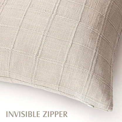 Foindtower Set of 2 Decorative Linen Check Throw Pillow Covers Neutral Farmhouse Lumbar Cushion Covers Modern Boho Home Decor for Sofa Chair Couch Bedroom Living Room Outdoor,12×20 Inch,Natural Linen
