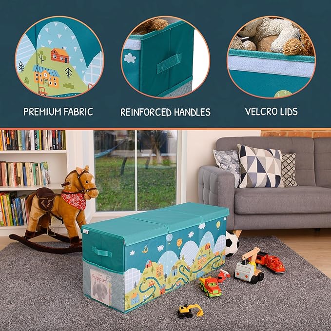 Extra Large Toy Storage Organizer with Lid - Sturdy, Collapsible Toy Chest Storage Box with Cute Design - Toys Bin with Dividers for Kids, Boys, Girls, Nursery, Bedroom, Play room 37"x16"x14"