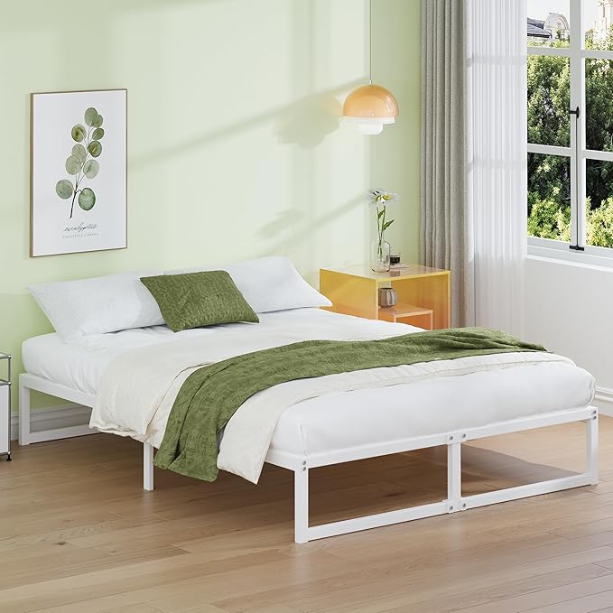 EMODA 12 Inch California King Bed Frame, Metal Platform White Bed Frame No Box Spring Needed, Heavy Duty Steel Slats Support, Easy Assembly, Noise Free