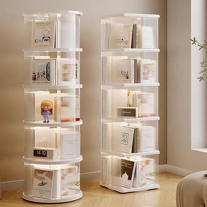 Rotating Bookshelf Tower,360° Rotating Bookshelf,66 inch High Small Space Revolving Bookcase, Suitable for Spinning Bookshelf Tower in Home and Office (White, 5 Tier, 14x14x66)
