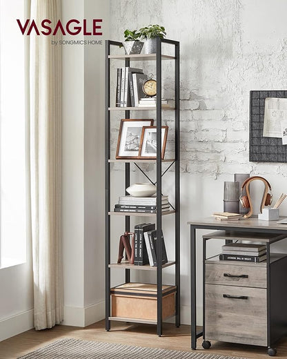 VASAGLE 6-Tier Bookshelf, Bookcase with Steel Frame, Book Shelf for Living Room, Home Office, Study, 11.8 x 15.7 x 73.2 Inches, Industrial Style, Heather Greige and Ink Black ULLS101B02
