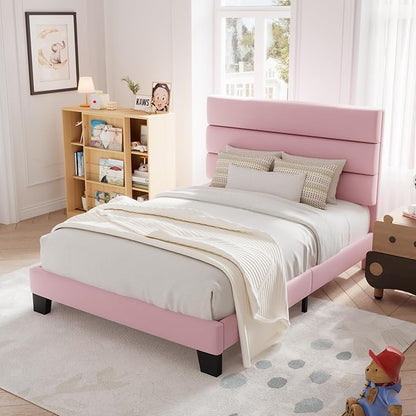 Allewie Twin Size Platform Bed Frame with Velvet Upholstered Headboard and Wooden Slats Support, Fully Upholstered Mattress Foundation/No Box Spring Needed/Easy Assembly, Pink
