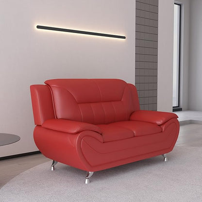Container Furniture Direct Michael Modern Faux Leather Upholstered Stainless Steel Legs Living Room Sofa, Loveseat, Red