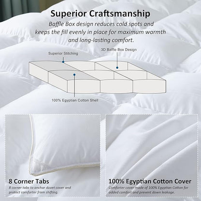 Egyptian Cotton Luxurious All-Season California King Size Goose Down Comforter Duvet Insert, Premium White Solid Plain Design, 1200 Thread Count 100% Egyptian Cotton, 750+ Fill Power,90oz Fill Weight