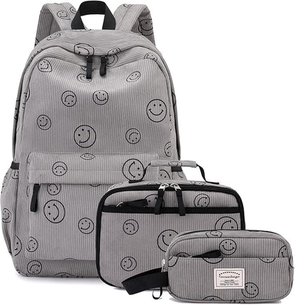 Backpack for Girls Boy Teen Corduroy Bookbags Elementary Middle High School Women Laptop Bag with Lunch Box Pencil Bag (Smile Grey)