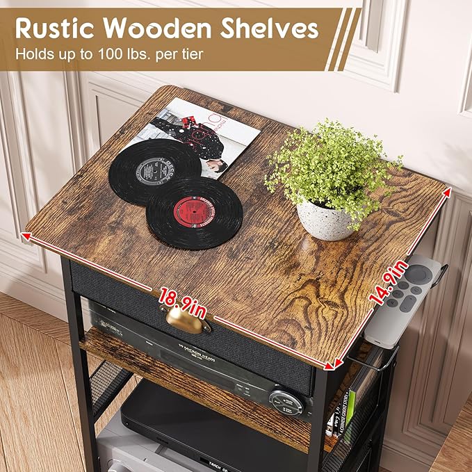 4-Tier AV Media Stand with Drawer, Video Game Console Shelf with 2 Hooks, Audio Rack Tower Perfect for/Xbox/ PS5/Switch/Game Consoles/DVD/Record Player/Projector/Sky Box/TV Accessories