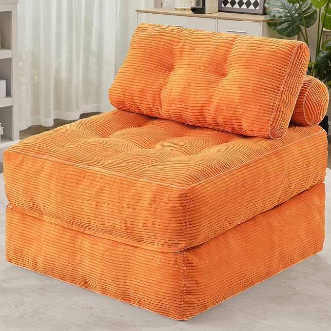 HABUTWAY Folding Sofa Bed, Convertible Sleeper Chair Bed w/Dual-Pillow & Handle, Foldable Floor Sofa Lounge w/Back Support for Living Room, Bedroom, Apartment, Office, Orange