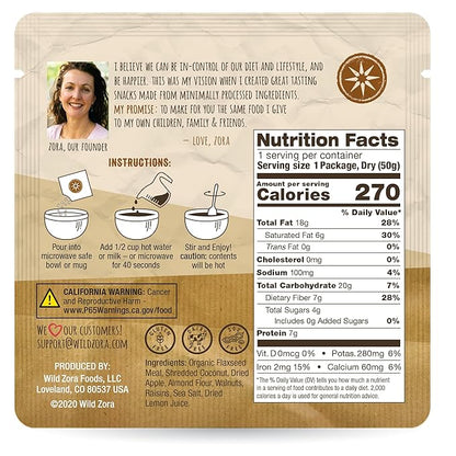 Wild Zora Instant Grain-Free Hot Cereal - Tasty Paleo Friendly Cereals, Instant Hot Meal, Breakfast to Go, Oatmeal Substitute, No Added Sugar, Grain, Dairy, or Soy, Gluten Free, Original Flavor, 5-pack