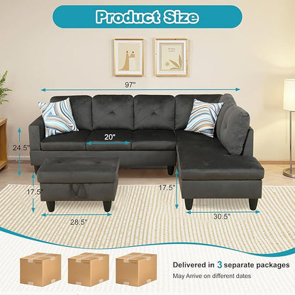 Couches for Living Room Modern L Shaped Couch Comfy Flannel Fabric 3 Pieces Sectional Sofa with Chaise, Ottoman with Storage for Office and Small Apartment, Grey