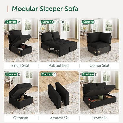 HONBAY Modular Sectional Sleeper Sofa with Pull Out Bed, Pull Out Bed for Sectional Couch, Black