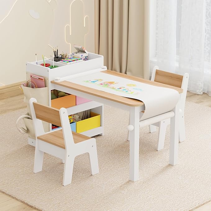 Kids Art Table and Chair - Toddler Craft Table and Chairs Set with 2 Chair & Bins, Large Storage Kids Activity Desk with Paper Roll for Playrooms & Classroom, 40" L x 20" W, Natural