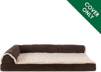 Furhaven Replacement Dog Bed Cover Two-Tone Faux Fur & Suede L Shaped Chaise, Machine Washable - Espresso, Jumbo Plus (XX-Large)