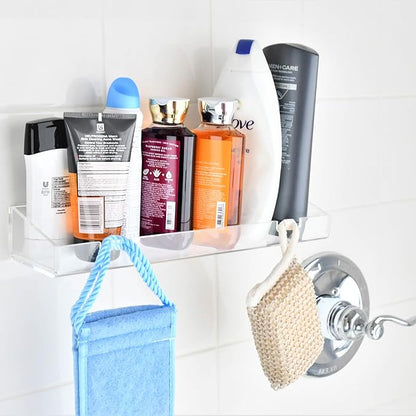 AMT 4 Pack Acrylic Floating Shelves, 15"L x 4.8"W, Clear Bathroom Wall Shelves, Bookshelves, Invisible Shelf For Office, Bedroom, Kitchen, Design with Hanging Slots for Sponge, Free Screws & Drill Bit