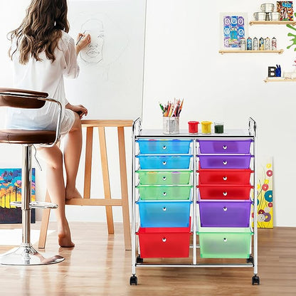 Yaheetech 12 Drawers Rolling Storage Cart Multipurpose Movable Organizer Cart Tools Scrapbook Paper Organizer on Wheels, Multicolor