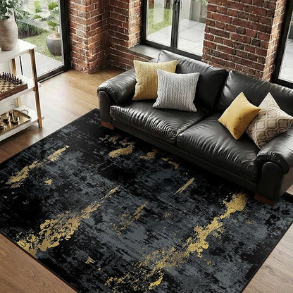 Washable Area Rugs 4'x6' Non-Slip Modern Abstract Soft for Living Room Entryway Bedroom Nursery, Print Pattern, Dark Black Gold