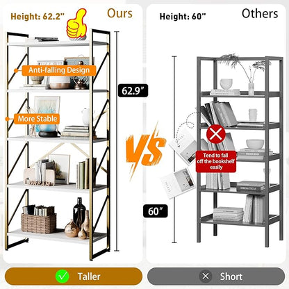 Shintenchi 5 Tiers Bookshelf, Classically Tall Bookcase Shelf,Industrial Book Rack,Modern Book Holder in Bedroom/Living Room/Home/Office, Storage Rack Shelves for Books/Movies,Gold