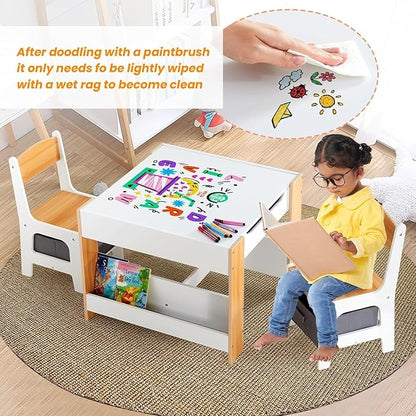 Asweets Kids Table and Chair Set,4 in 1 Toddler Desk with Storage Drawer,Wooden Activity Table for 2 in 1 Detachable Tabletop,Bookshelf,Suitable for Classroom,Home,Nursery,Playroom (Pure White)