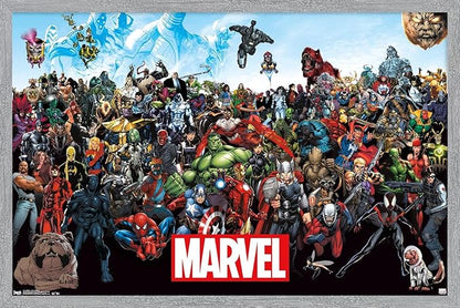 Marvel Comics The Marvel Lineup Wall Poster, 22.4L" x 14.7W", Gray Framed Version