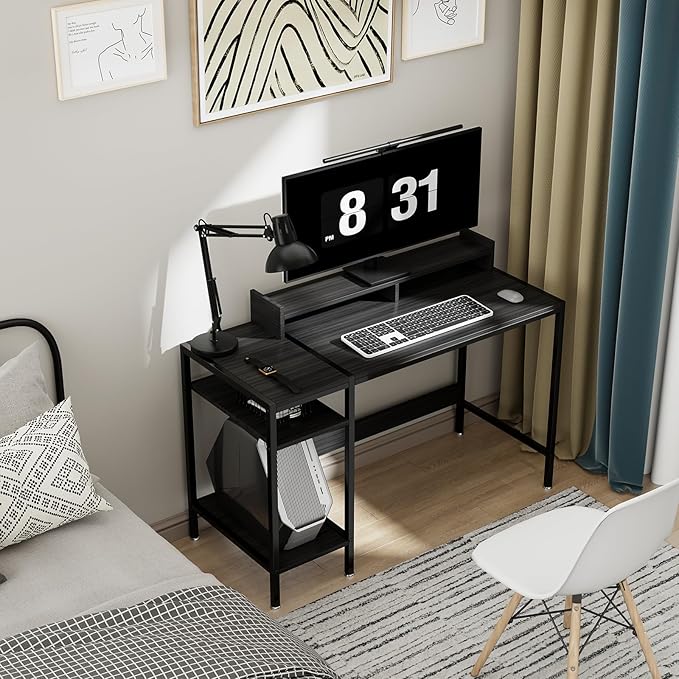 Computer Gaming Desk with Monitor Stand, Home Office Desk Suitable for 2 Monitors, Writing Desk with Adjustable Storage Space,Sturdy and Durable Modern Small Desk (Black, 47 inchs)