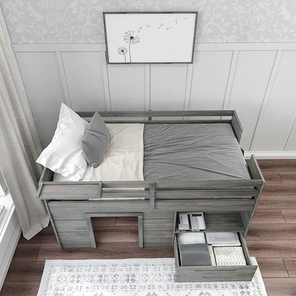 Max & Lily Loft Bed Twin Size, Solid Wood Low Loft Bed with Storage Drawer and Ladder, Modern Farmhouse Loft Bed for Kids, Driftwood