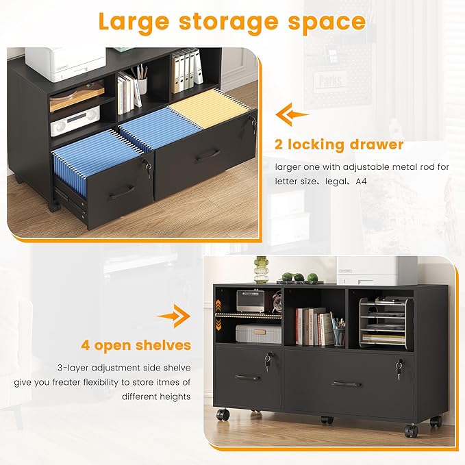 2 Drawer Wood Mobile Large Lateral File Cabinet with Lock, Lockable Rolling Filing Cabinet with Storage Shelves, Printer Stand Office Storage for Home Office Fits Files Legal/A4,Black