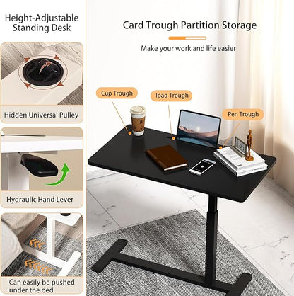 Home Office Desks Height Adjustable with 360° Moveable Hidden Wheels,Multifunctional Pneumatic Laptop Desk Suitable for Sofa、Bedside、Study and Work Use,Black