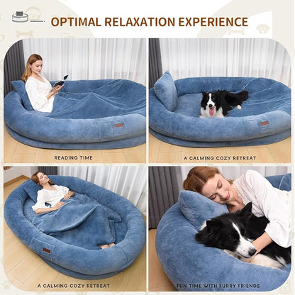 Human Dog Bed for Adult Kids, 70"x33"x12" Washable Faux Fur Human Size Dog Bed for People Doze Off, Grayish Blue